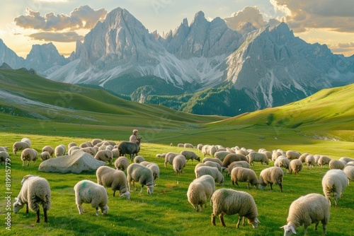 A herd of sheep peacefully grazing on a lush green field. Suitable for agricultural and nature-themed designs