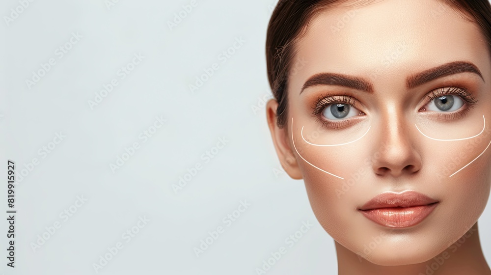 A womans face with precise lines drawn to emphasize potential cosmetic ...