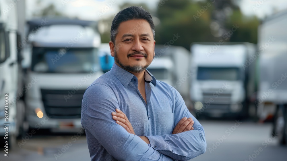 Portrait of a confident Hispanic salesman with arms crossed, exuding professionalism and expertise in truck sales.
