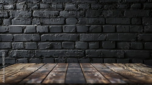 Selected focus empty brown wooden table and wall texture or old black brick wall blur background image for your photomontage or product display : Generative AI photo