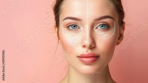 A close-up of a womans face marked with graphic contouring lines, emphasizing potential cosmetic enhancement areas. Generative AI