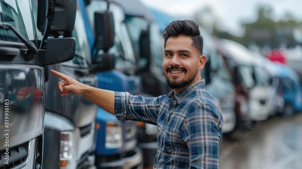 Portrait of a Latin American sales specialist pointing towards a row of trucks at the dealership, highlighting their top features. Portrait of a Latin American sales specialist pointing towards a row of trucks at the dealership, highlighting their top features.