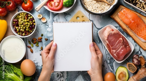 cropped view of woman holding empty notebook above food for ketogenic diet menu : Generative AI photo