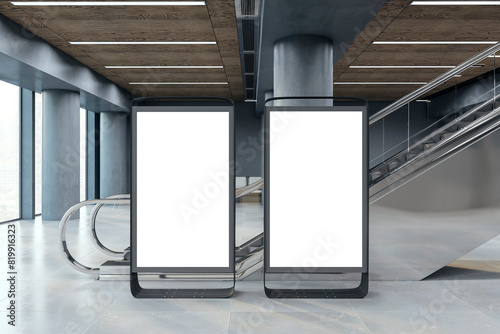 Two blank advertising displays in a modern interior, realistic style, against a glass facade, concept of promo space. 3D Rendering
