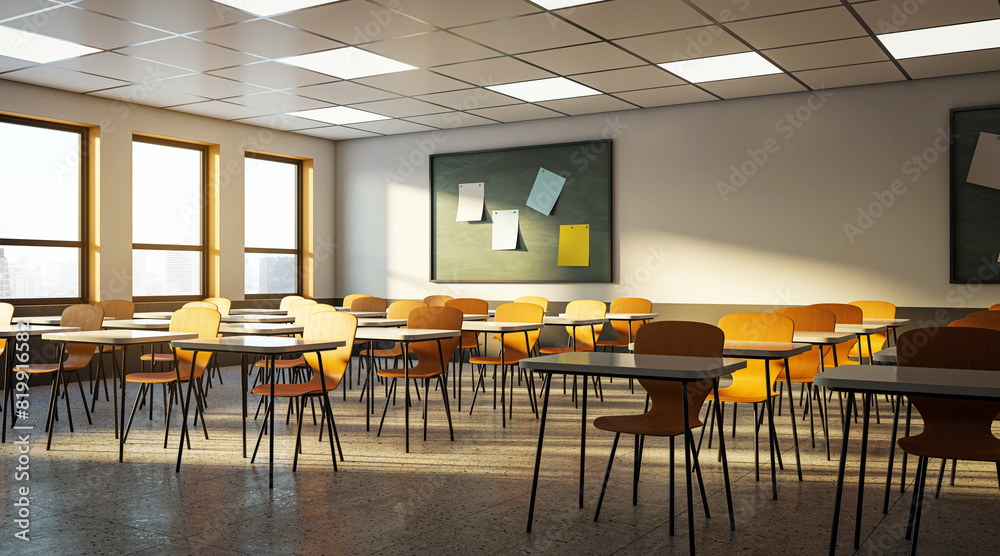 Modern classroom interior with wooden desks, chairs, and a chalkboard, sunlight through the windows, concept of learning environment. 3D Rendering