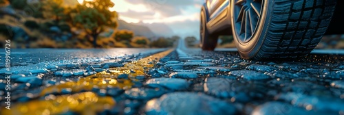 A detailed view of a tire navigating a wet road surface photo