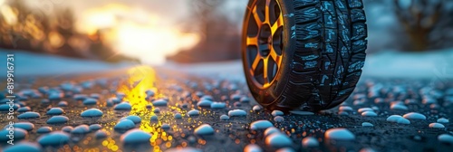 Detailed view of a tire on a paved road photo