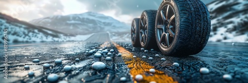 A single car tire lies discarded on the side of a road photo