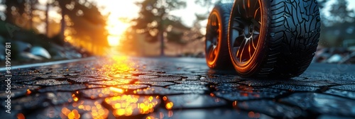 Detailed view of a tire traveling on a wet road surface