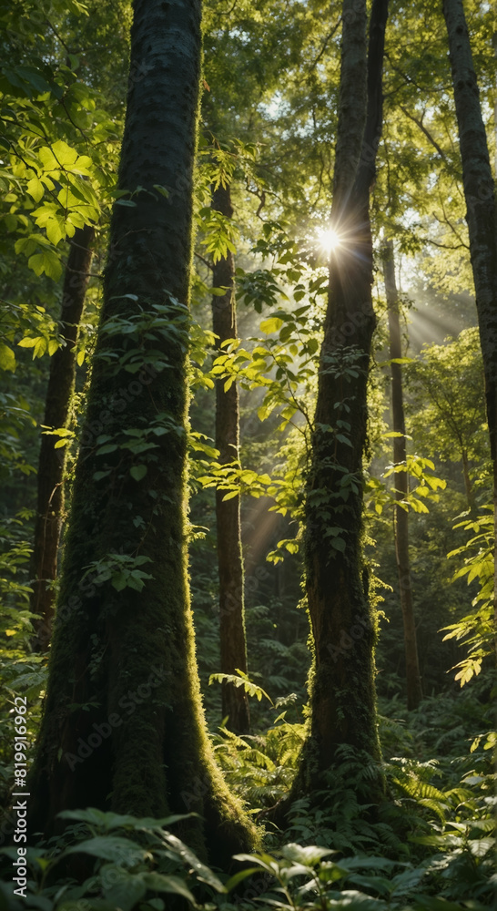 Fototapeta premium Beautiful rays of sunlight in a green forest