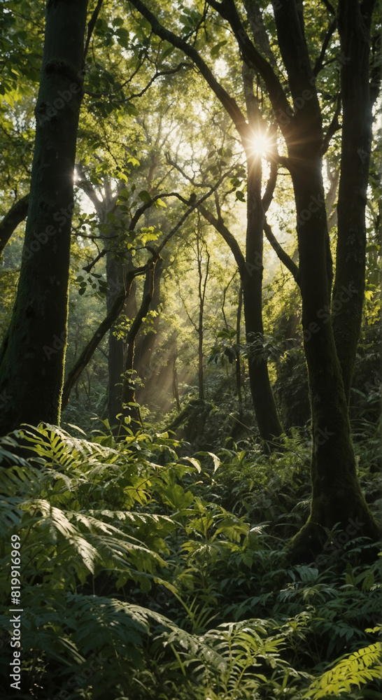 Fototapeta premium Beautiful rays of sunlight in a green forest