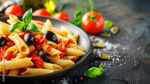 Italian food Pasta penne with tomato sauce olives and garnish : Generative AI