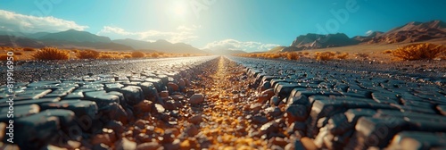The sun shines brightly over a dusty road in the desert, creating a stark and barren landscape