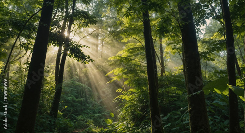 Beautiful rays of sunlight in a green forest