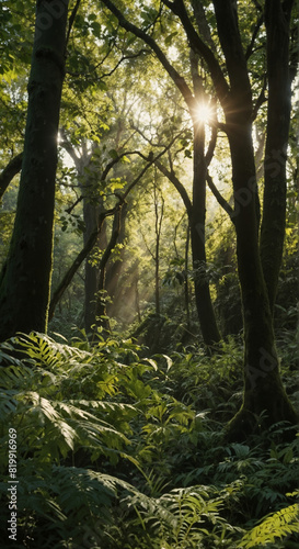 Beautiful rays of sunlight in a green forest