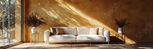 White Sofa in Front of Wooden Wall