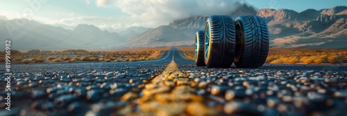 Two tires discarded by the side of a road photo