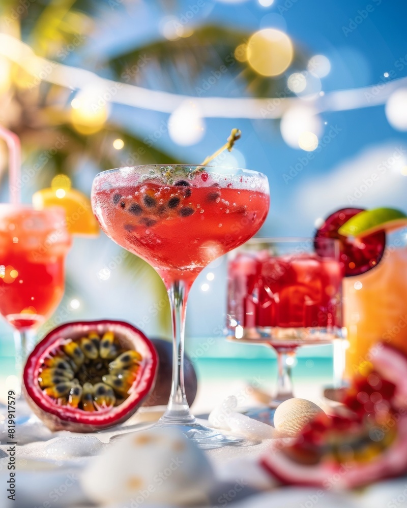Refreshing Summer Drinks at a Sunny Beach Bar: Star Martini and Vibrant Cocktails with Passion Fruit Garnish Refreshing Summer Drinks at a Sunny Beach Bar: Star Martini and Vibrant Cocktails with Passion Fruit Garnish