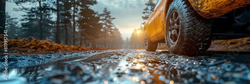 Yellow truck moving down wet road with water splashing photo