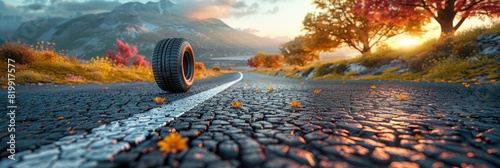 A single tire left on the side of a deserted road photo