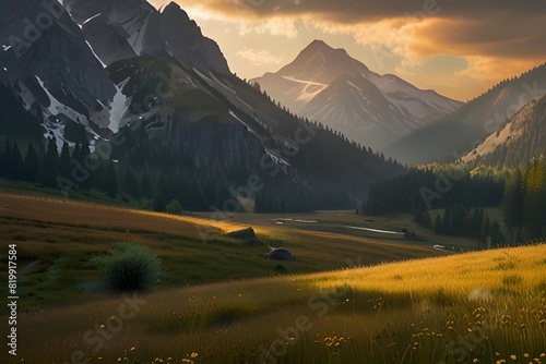 sunset in a mountainside meadow at daybreak along a mountainside path

 photo