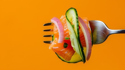Closeup of fork with food on it delicious fillet salmon cucumber onion green salad on orange background Concept of healthy diet and clean eating with fish and vegetables balanced nutri : Generative AI