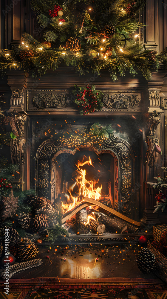 Historical Representation of the Traditional Yule Log and Vintage Christmas Decorations