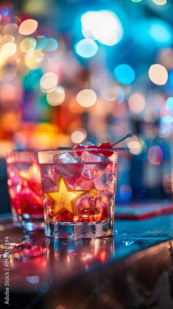 Stylish Retro-Themed Cocktail Bar: Bartender Serving Star Martinis Amidst Colorful, Ambient Lighting During Evening