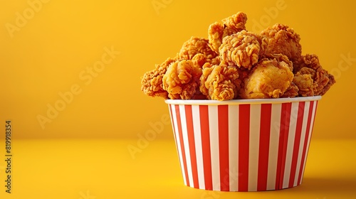 A bucket of fried chicken on yellow background with copy space photo