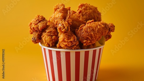 A bucket of fried chicken on yellow background with copy space