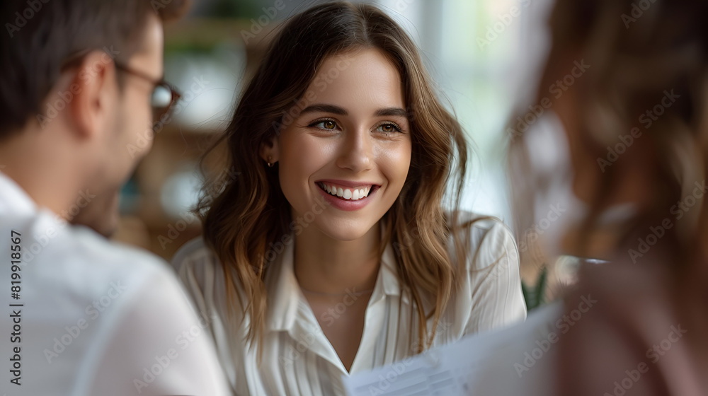 A female mortgage and insurance broker consults with a couple A female mortgage and insurance broker consults with a couple