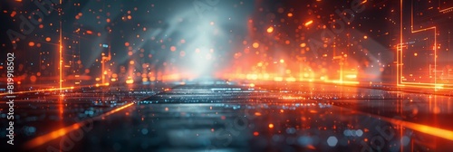 A dark room illuminated by bright lights with a black floor