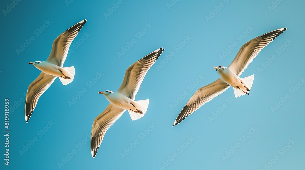 Obraz premium Three graceful seagulls are soaring through the clear blue sky. Their wings are spread wide, catching the wind.