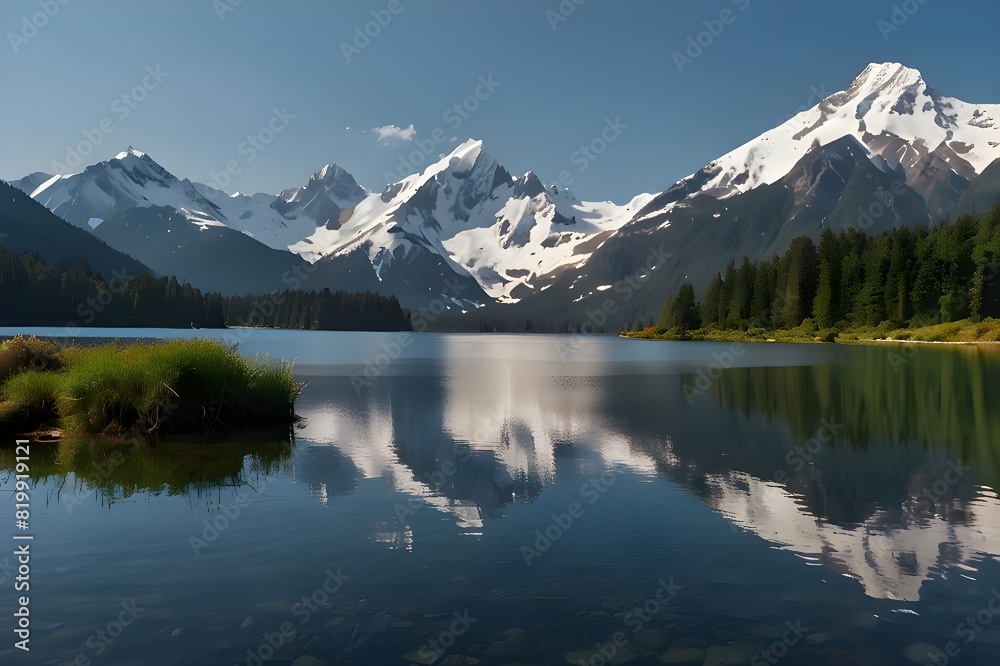 An image of a serene lake with mountains in the background See views of reflections in the water during the spring and summer 