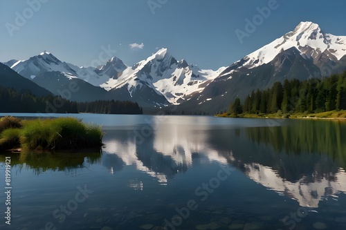 An image of a serene lake with mountains in the background See views of reflections in the water during the spring and summer "Uncover the Calm of Mountain Lakes: Stunning Sceneries with Crystal-Clear