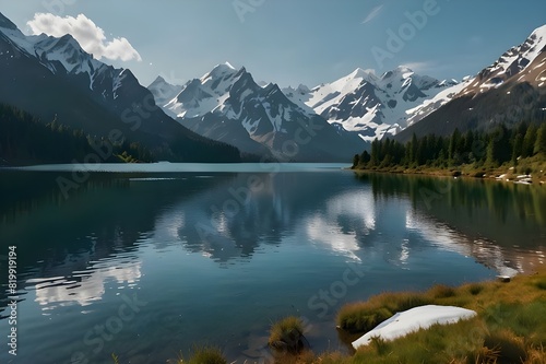 An image of a serene lake with mountains in the background See views of reflections in the water during the spring and summer "Uncover the Calm of Mountain Lakes: Stunning Sceneries with Crystal-Clear