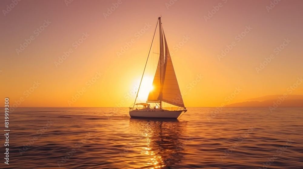 A couple enjoying a romantic sunset cruise on a sailboat, with the golden sun sinking below the horizon and painting the sky with warm hues