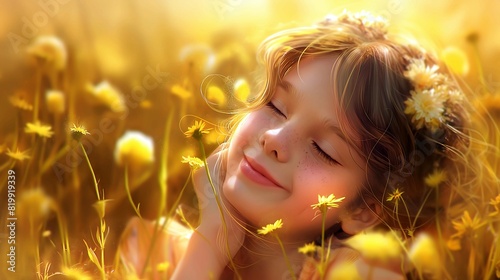 Innocence in Bloom A Sunny Day in Nature, Sunlit Joy A Girl in a Field of Flowers