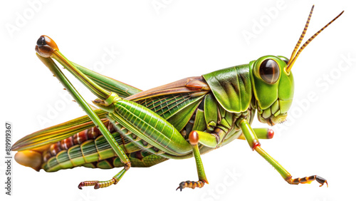 Grasshopper: A detailed image of a grasshopper, showcasing its elongated body, powerful hind legs for jumping, and green coloration, isolated on white background