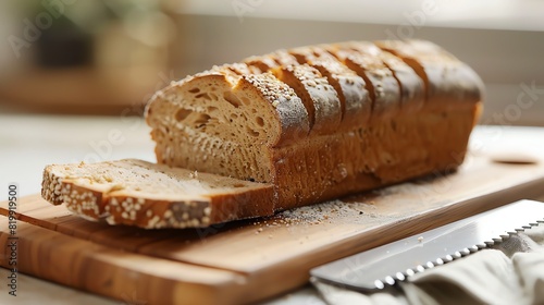 Freshly baked bread on a cutting board with a knife. The bread is sliced and ready to be eaten. photo