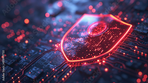 Close-up of a futuristic circuit board with glowing red microchips, illustrating advanced technology and digital innovation., Security concept.