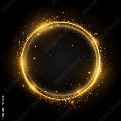 Round gold shiny with sparks on a black background.