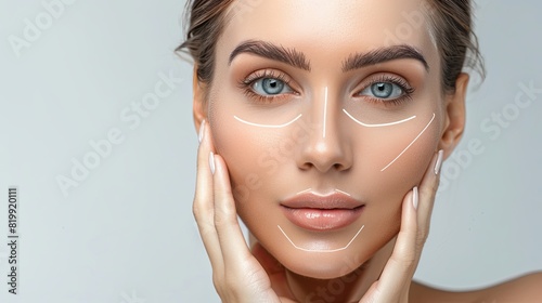 A woman with lines drawn on her face highlighting potential cosmetic enhancement areas. Generative AI