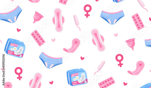 Vector flat background with menstruation period symbols includes different hygeine pads, tampons, menstrual cup, pills, underwear and decorative hearts.
