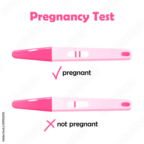 Pregnancy home tests illustration with one and two stripes positive and negative results.
