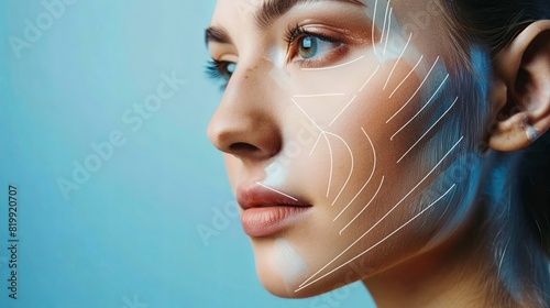 Graphic contouring lines drawn on a womans face to highlight potential cosmetic enhancement areas. Generative AI