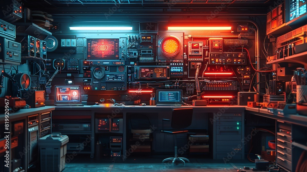 Sci-fi technology background image, Advanced control room with a central command console Illustration image, Sci-fi technology background image, Advanced control room with a central command console Illustration image,