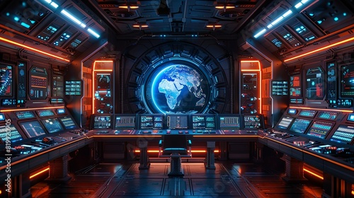 Sci-fi technology background image, Advanced control room with a central command console Illustration image, photo