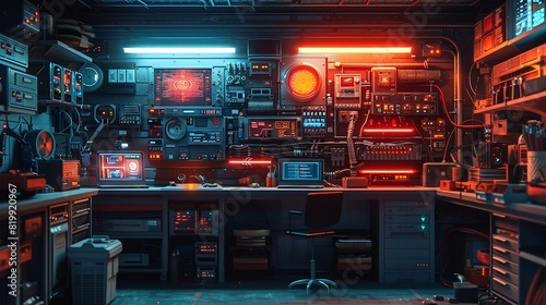 Sci-fi technology background image, Advanced control room with a central command console Illustration image,