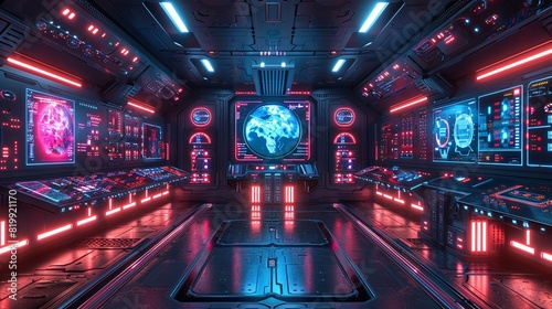 Sci-fi technology background image, Control room with an array of digital screens and consoles Illustration image, photo